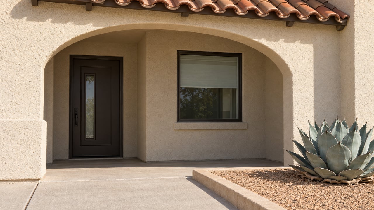 Close view of a cream stucco arched porch beneath weathered clay roof tiles, with a bronze entry door and blue-gray agave beside a concrete approach.