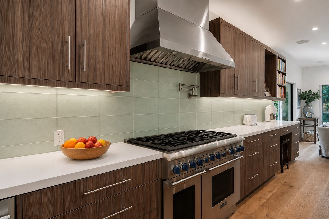 Modern kitchen with dark wood cabinets, pale green tile, and a large stainless-steel range.
