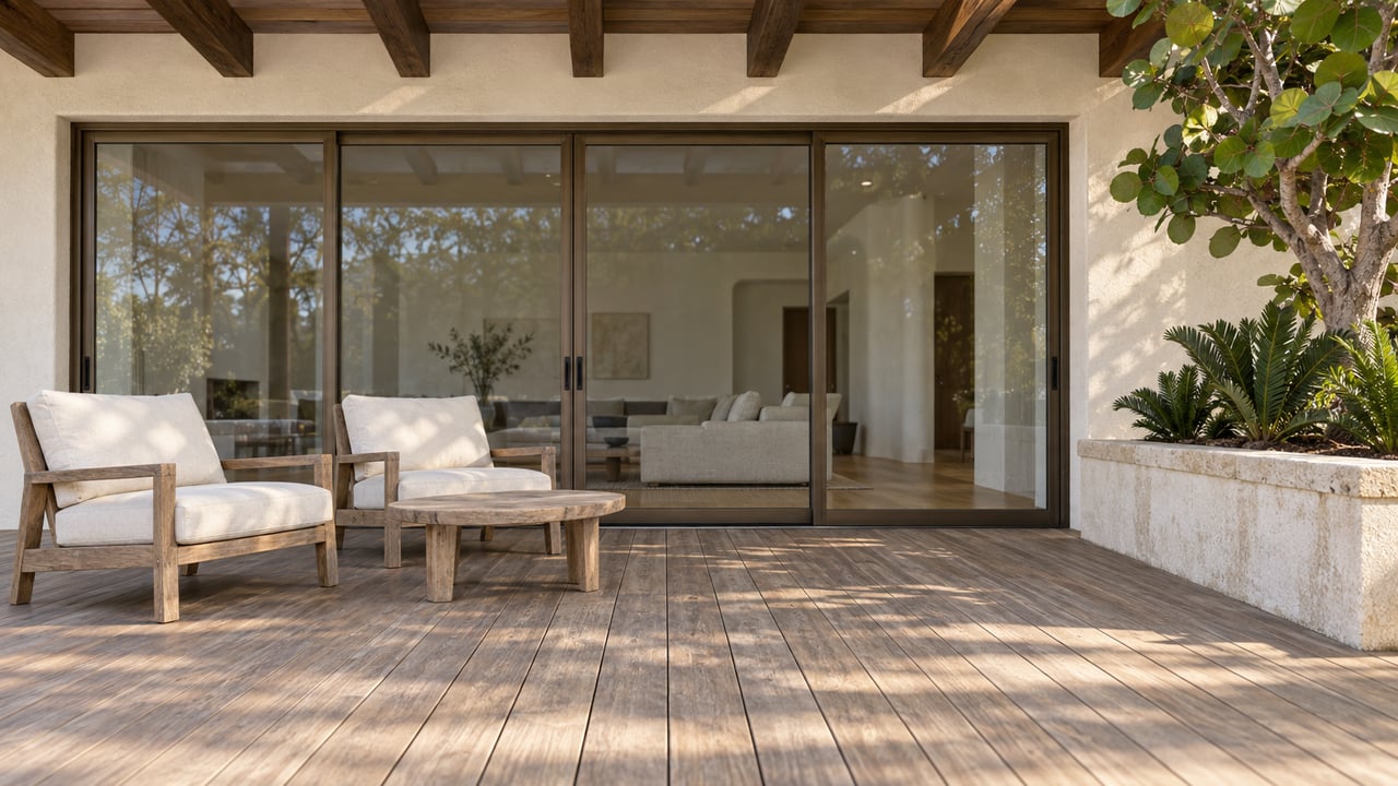 Sunlit covered terrace with weathered teak decking, two ivory-cushioned chairs, cream stucco and closed bronze-framed glass doors.