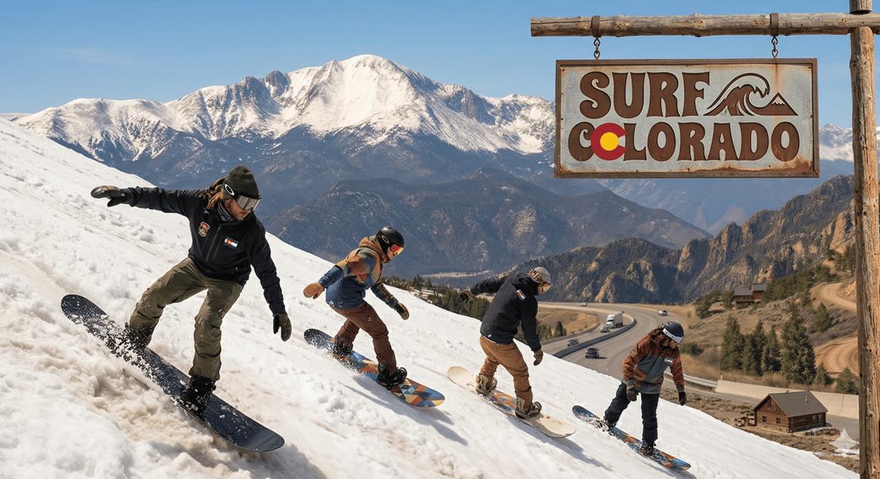 Snowboarders on a snowy Colorado slope beneath a “Surf Colorado” sign, with mountains and a highway behind them.