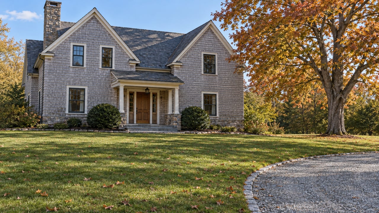 Silvered cedar-shingle home beyond a broad autumn lawn, with stone entry steps and a mature amber-leaved sugar maple.
