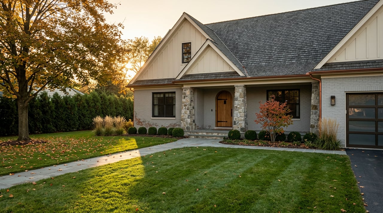 Two-story gray-brick home with a stone-columned porch, arched wood door, curving walkway, and golden maple canopy.