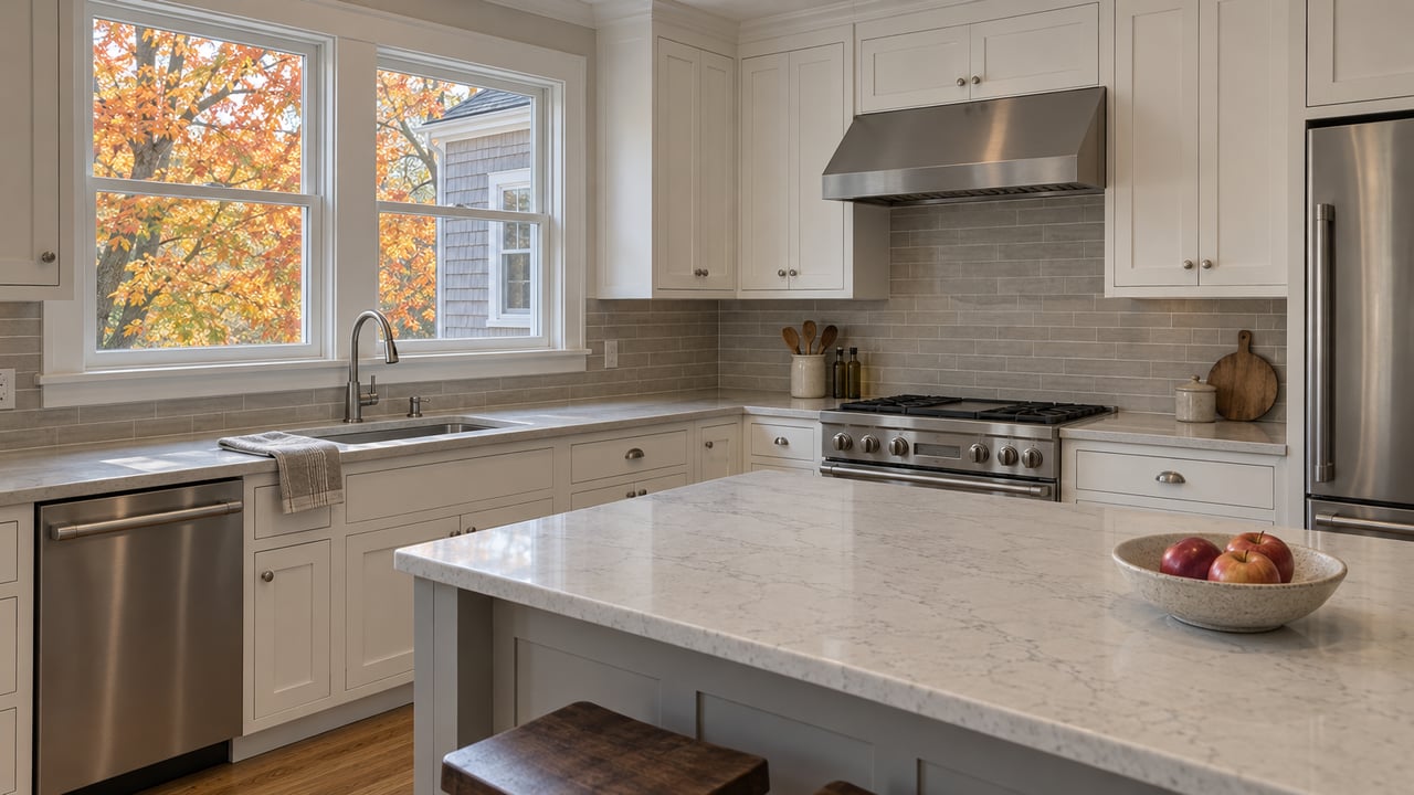 White shaker kitchen with a pale quartz island, stainless range hood and oak flooring, with autumn maple leaves visible through closed windows.