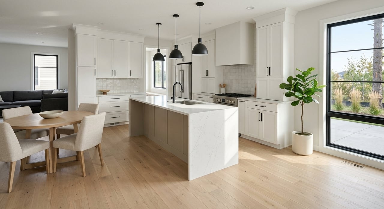 Open-plan kitchen with an island, perimeter cabinets, range wall, oak floor, and black-framed windows.