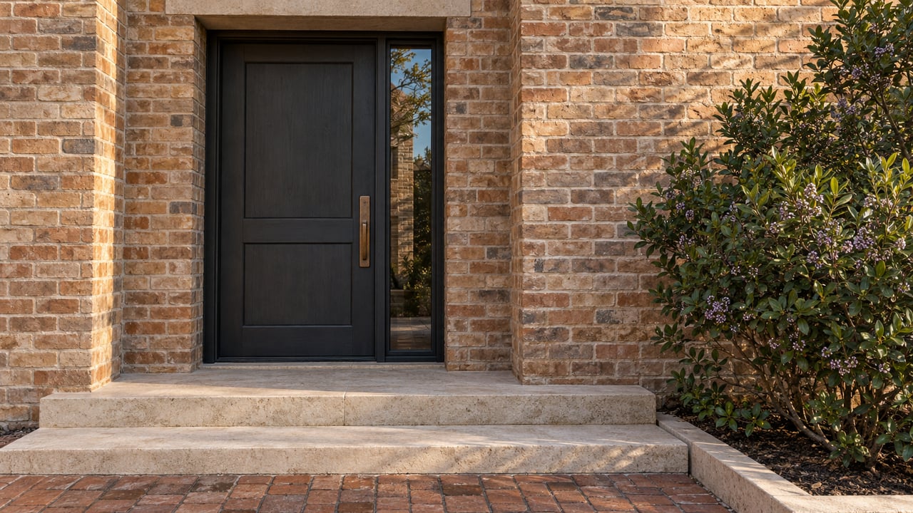 Townhouse entry with a charcoal door, narrow sidelight, limestone landing, and mountain laurel beside variegated brick.