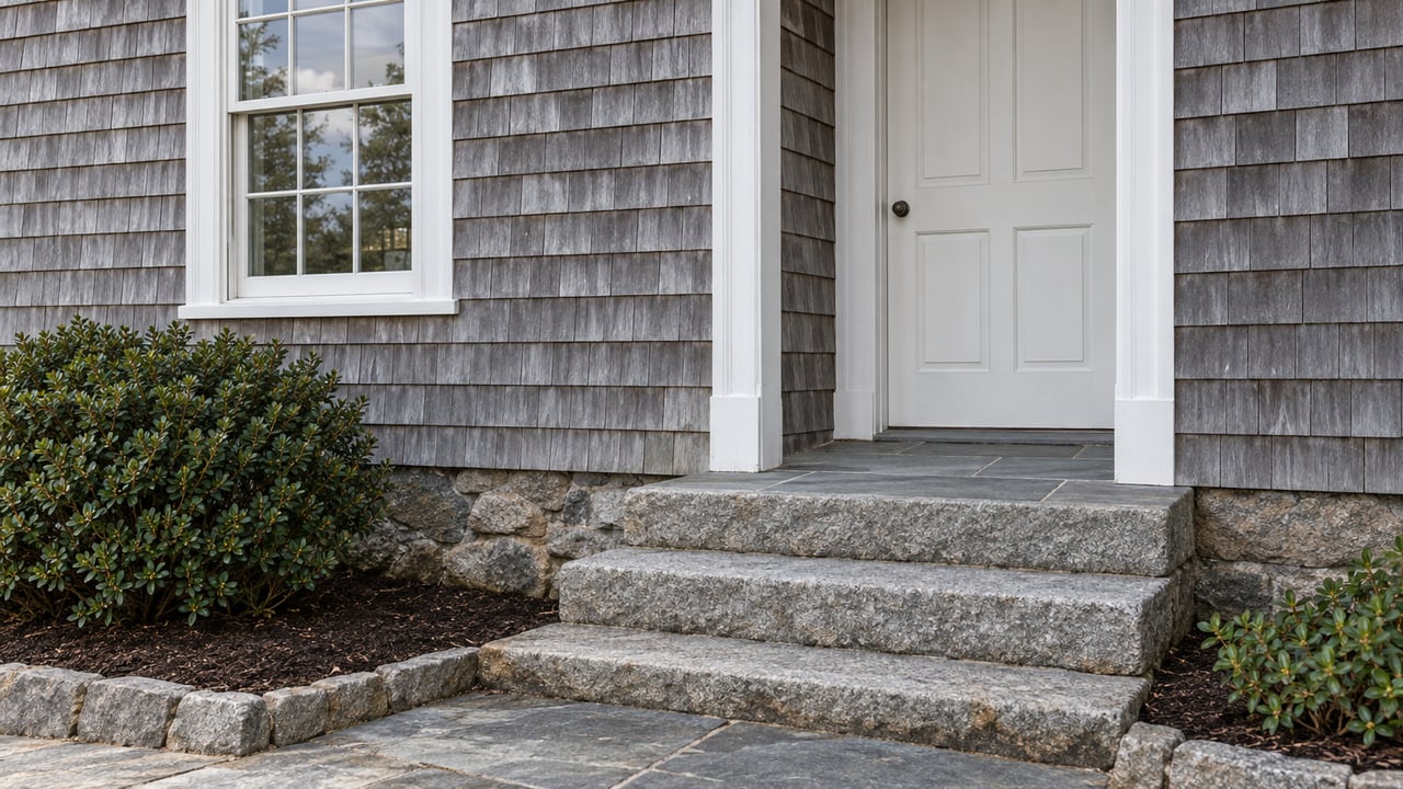 Weathered cedar-shingle entry with a white door, six-over-six window, granite steps, and foundation plantings.