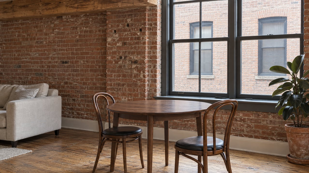 Sunlit loft dining corner with exposed brick, timber beam, a walnut table and two bentwood chairs beside a closed steel-framed window.