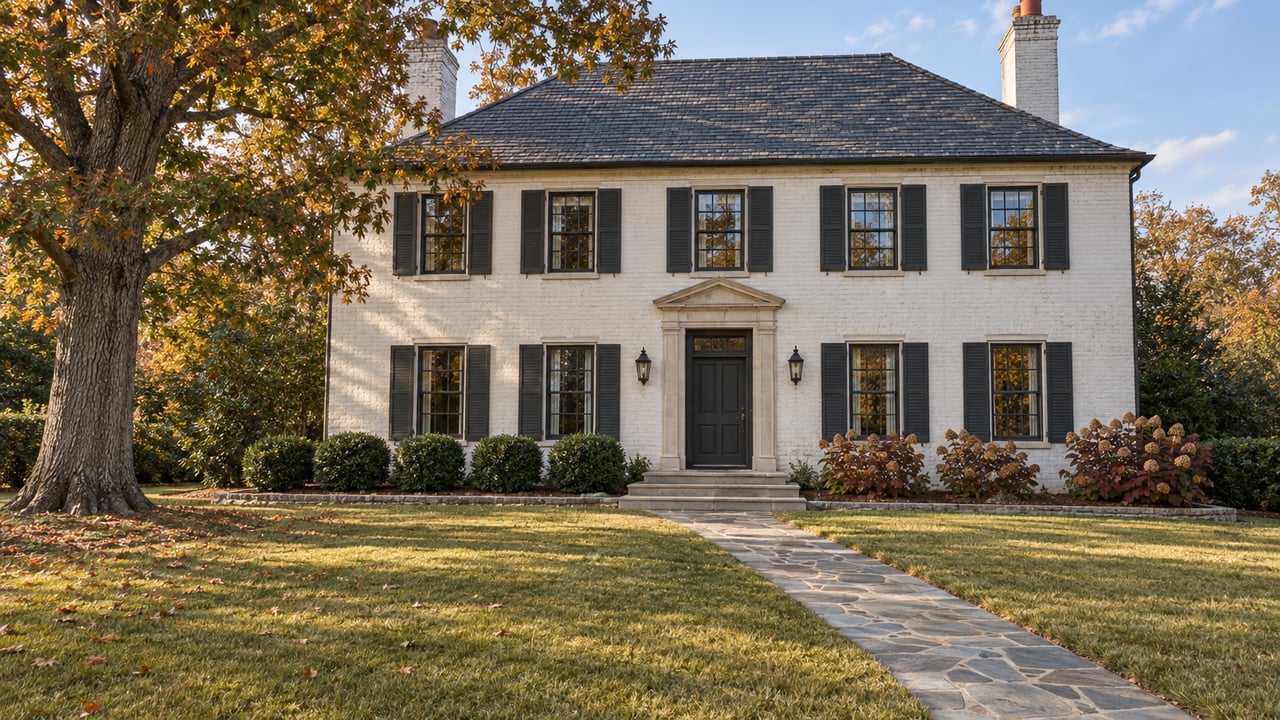 Painted-brick two-story home with slate roof, a stone approach, and a broad autumn lawn beneath a mature white oak.