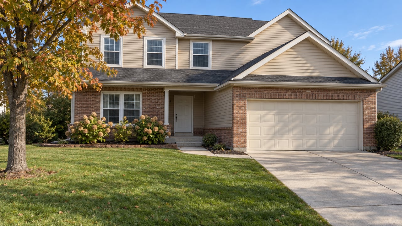 Two-story tan-sided house with red-brown brick, a broad concrete driveway, deep lawn, and an amber-leaved sugar maple.