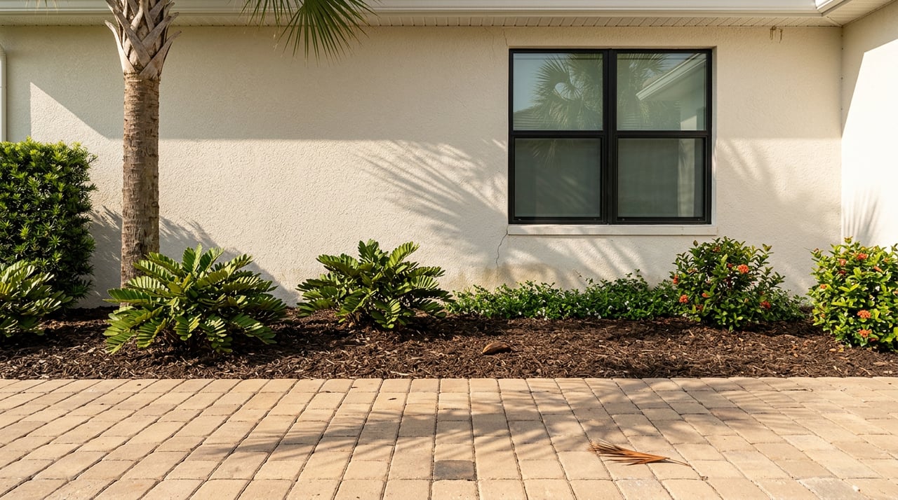 Side-yard planting bed with cycads, clipped shrubs, pavers, and a black-framed window in stucco.