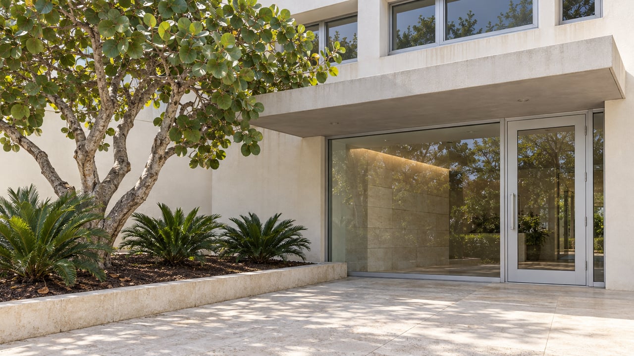 Sunlit pale-stucco residential entrance with limestone paving, enclosed glass doors and a sculptural sea-grape tree.