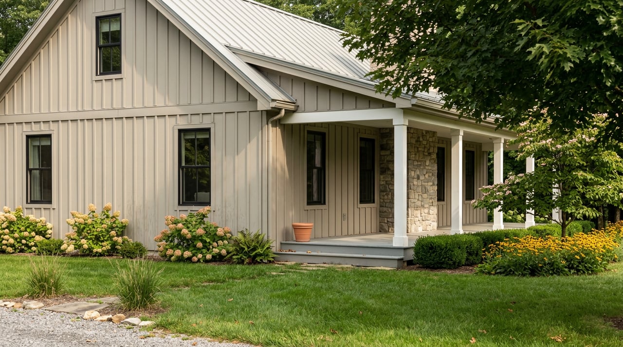 Rural home with a covered porch, board-and-batten siding, fieldstone chimney, and broad lawn beneath mature trees.