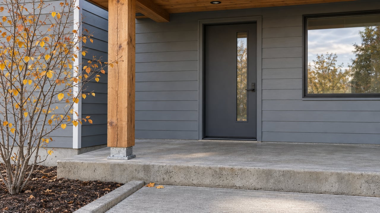 Covered home entry with gray lap siding, a timber porch post, charcoal door and sparse copper-yellow serviceberry leaves beside concrete steps.