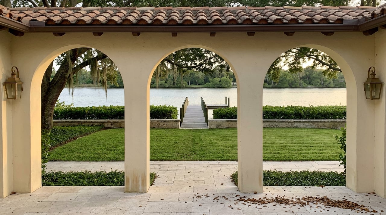 Stucco loggia arches frame a garden lawn, stone seawall, and wooden dock beneath spreading live oaks.