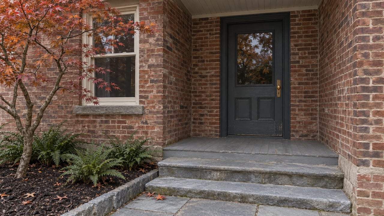 An older brick home's covered entrance with a charcoal glazed door, weathered porch, bluestone steps and copper-red maple leaves.
