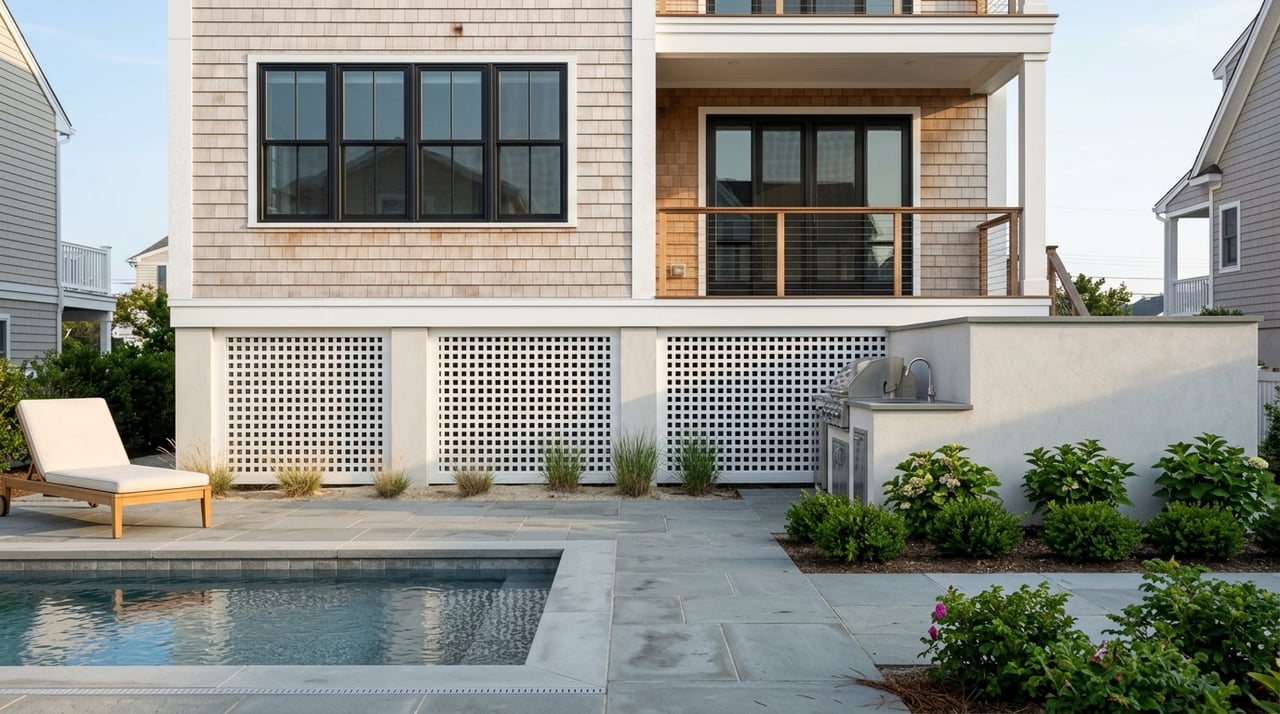 Coastal home’s rear yard with a swimming pool and patio.
