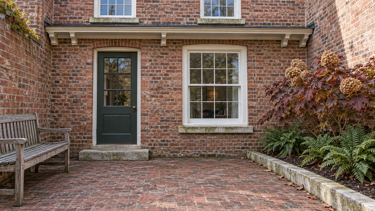 Traditional brick home's rear terrace with green glazed door, white sash windows, a weathered wooden bench and burgundy oakleaf hydrangea.