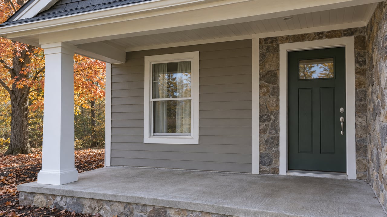 Covered porch of a gray-sided home with a green front door, fieldstone accents and an orange-leaved sugar maple beyond the porch.