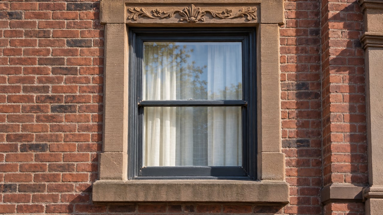 Close view of a charcoal-painted townhouse window framed by carved brown sandstone and weathered russet brick.
