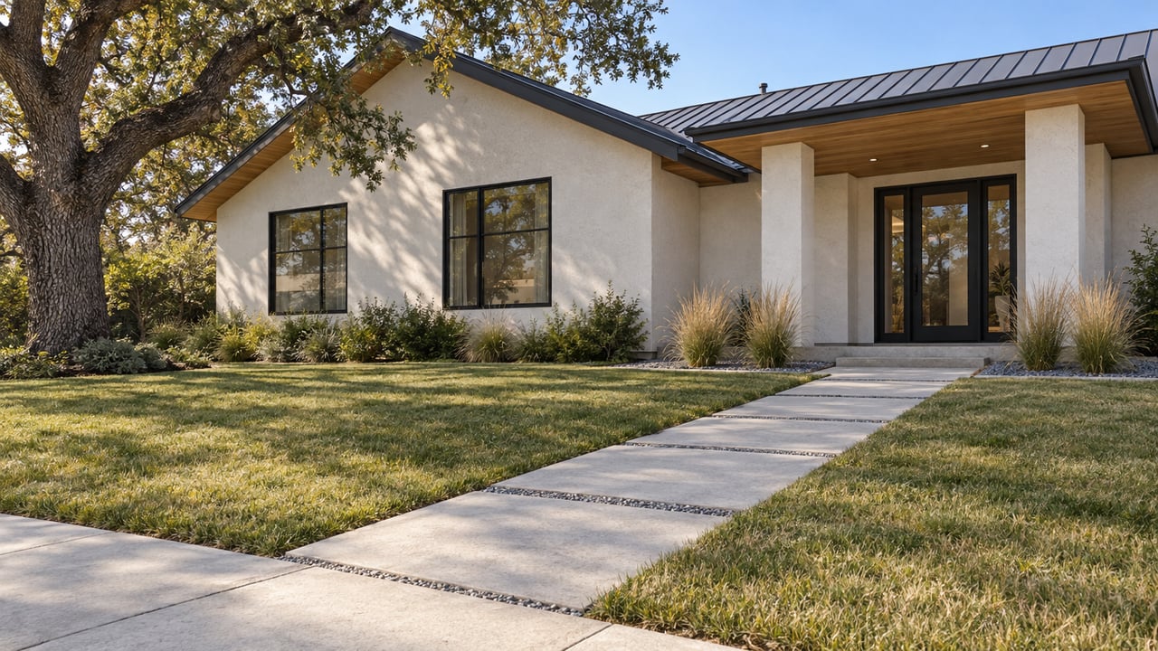 White stucco home with a charcoal gabled roof, wood soffits, black-framed windows and a deep front lawn beneath a spreading oak.