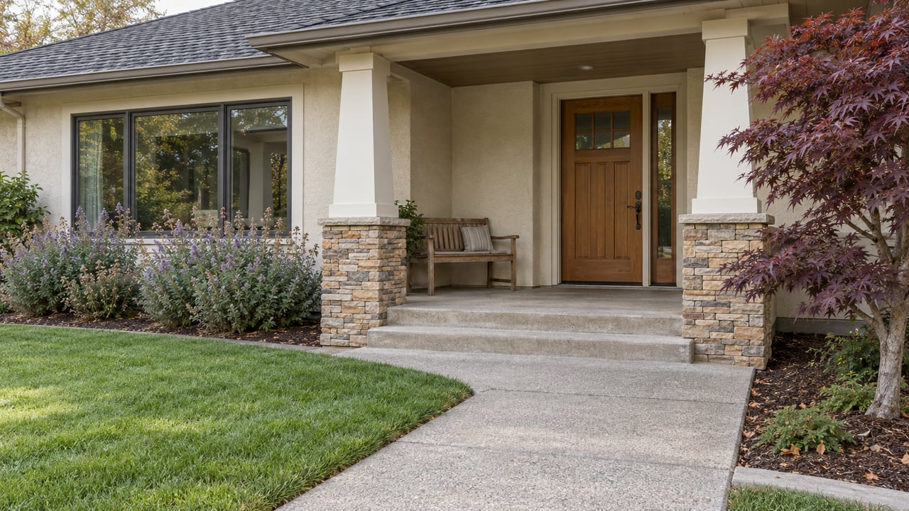 Covered porch with tapered columns, sandstone bases, a wood entry door and an established lawn beside a burgundy maple.