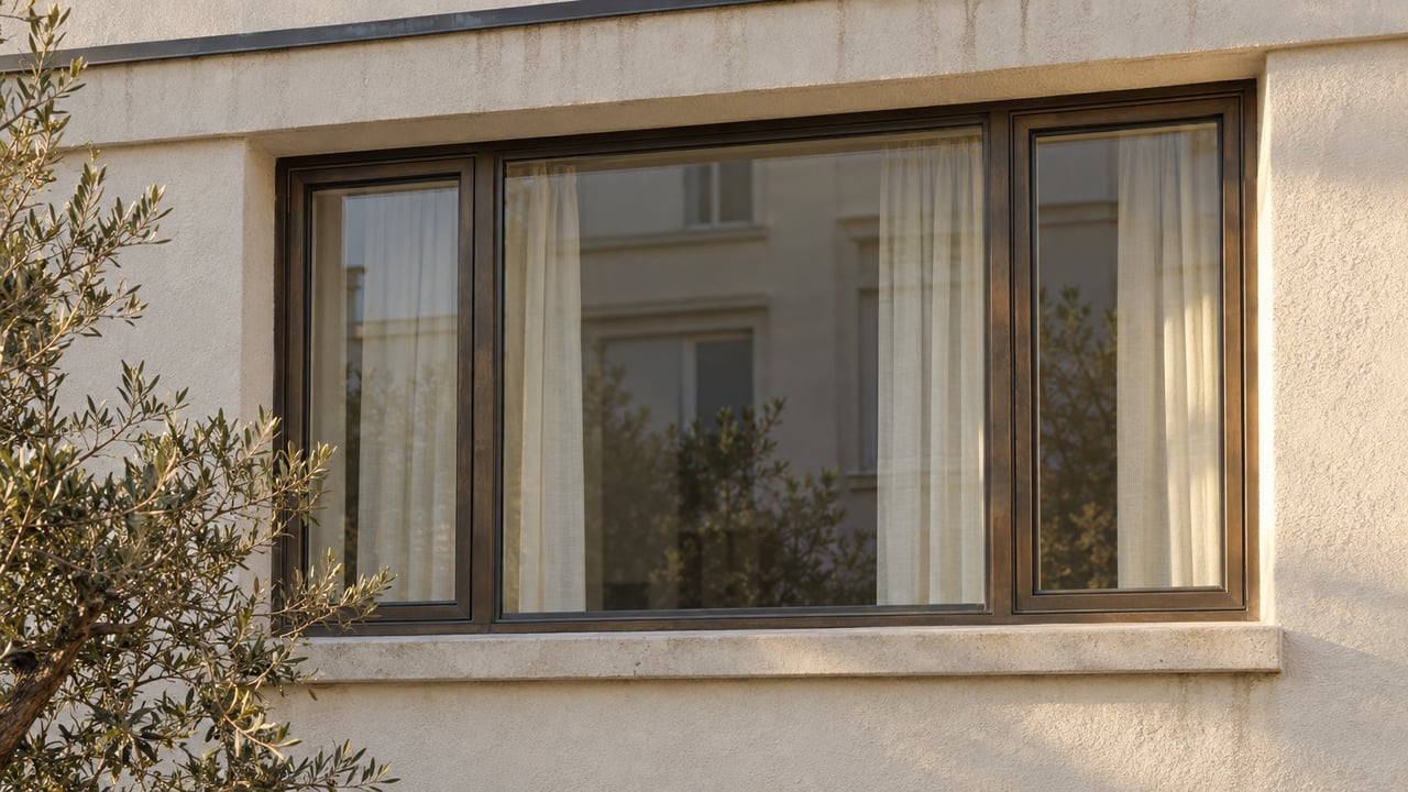 Late-afternoon light across a white stucco residential window bay with dark bronze frames, a limestone sill and silver olive leaves.