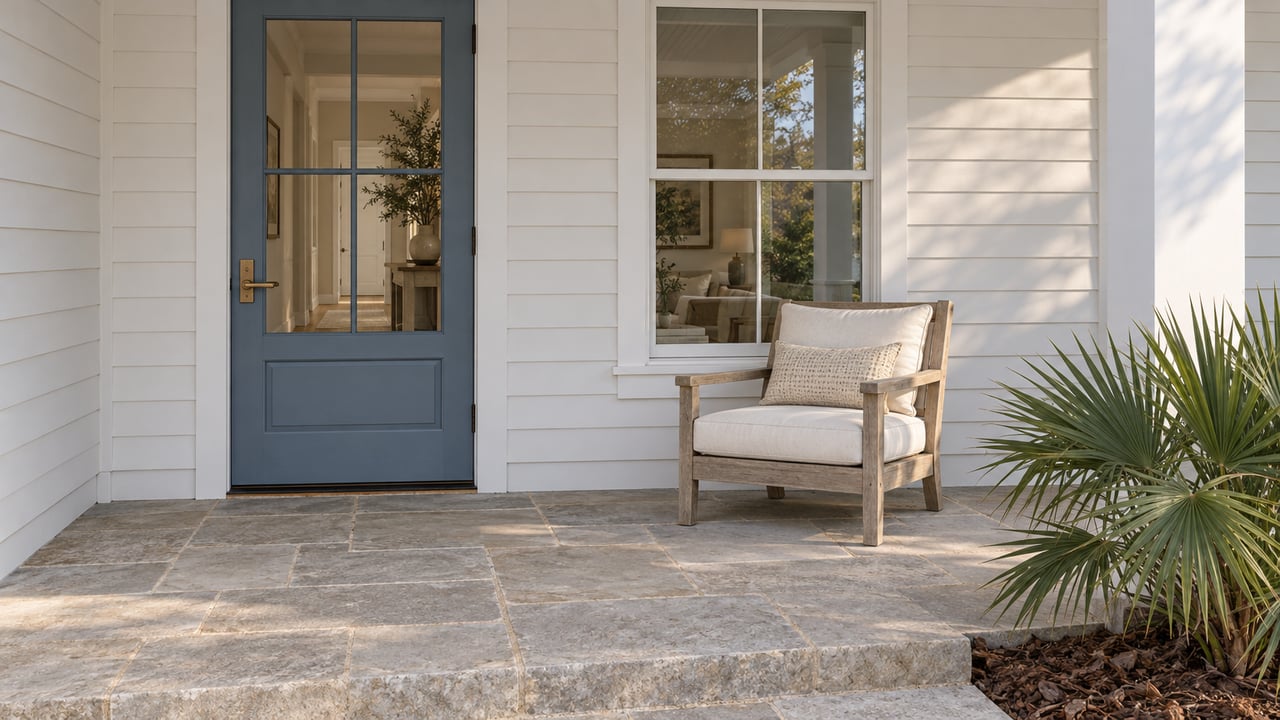 Sunlit covered porch with a muted blue glazed door, white lap siding, limestone paving, a teak chair and a dwarf palmetto.