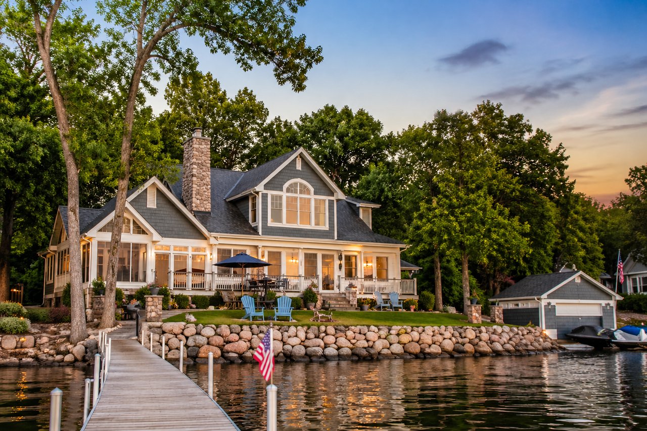 Lakefront home with broad porches, a stone shoreline, and a dock over the water at dusk.