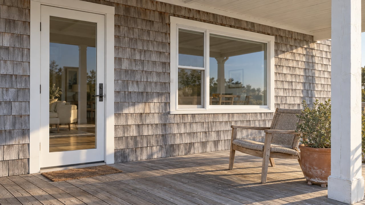 Wooden porch with weathered shingles, a glass door, outdoor chair, and potted shrub.