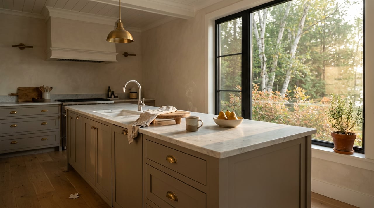 Taupe kitchen island with a marble top, pears and coffee beside a black-framed window.