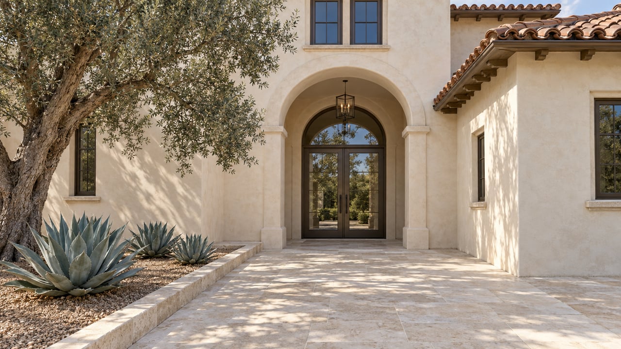 Cream stucco villa entrance with a deep arch, bronze-framed glass double doors, terracotta roof tiles and an olive tree beside a limestone approach.