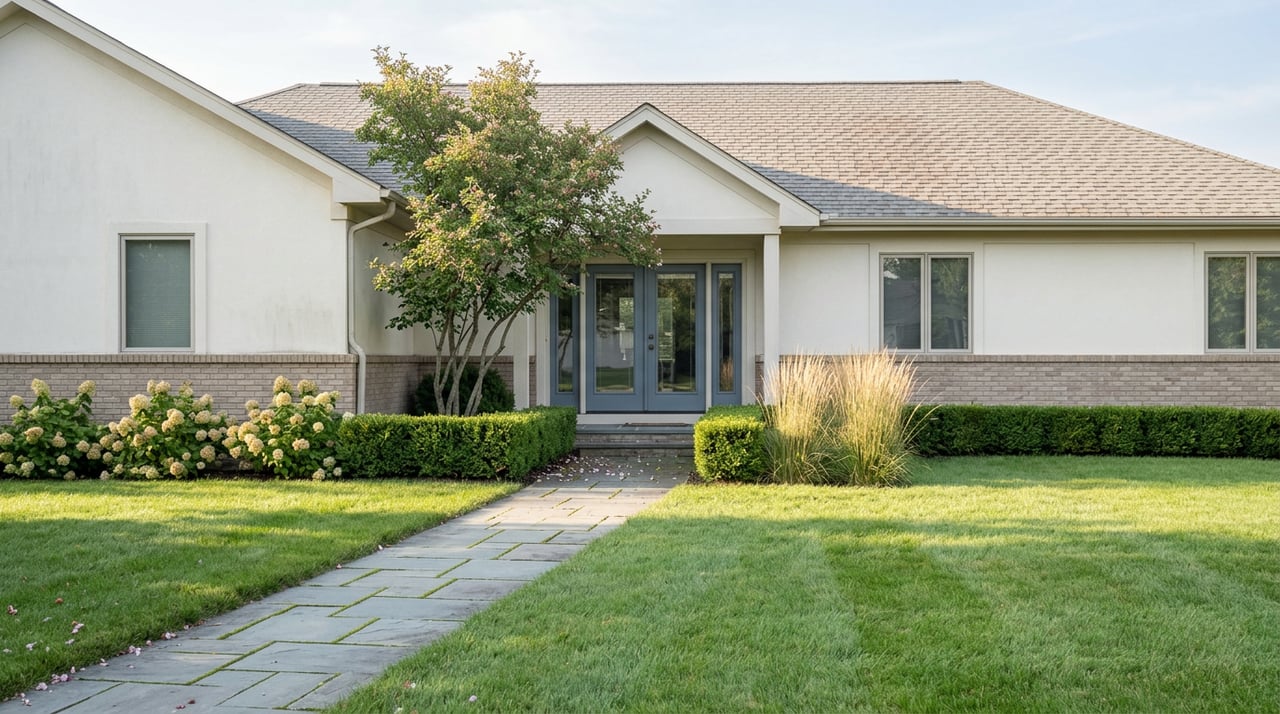 Two-story stucco home with slate-blue French doors, a brick base, and a bluestone walkway across the lawn.