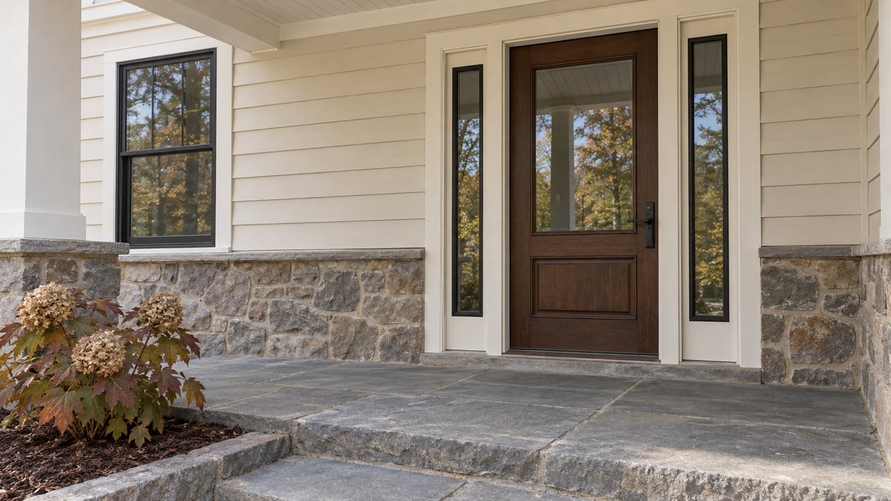 Covered entry with a brown wood door, paired glazed sidelights, ivory siding, stone cladding and a bluestone porch beside russet oakleaf hydrangea.