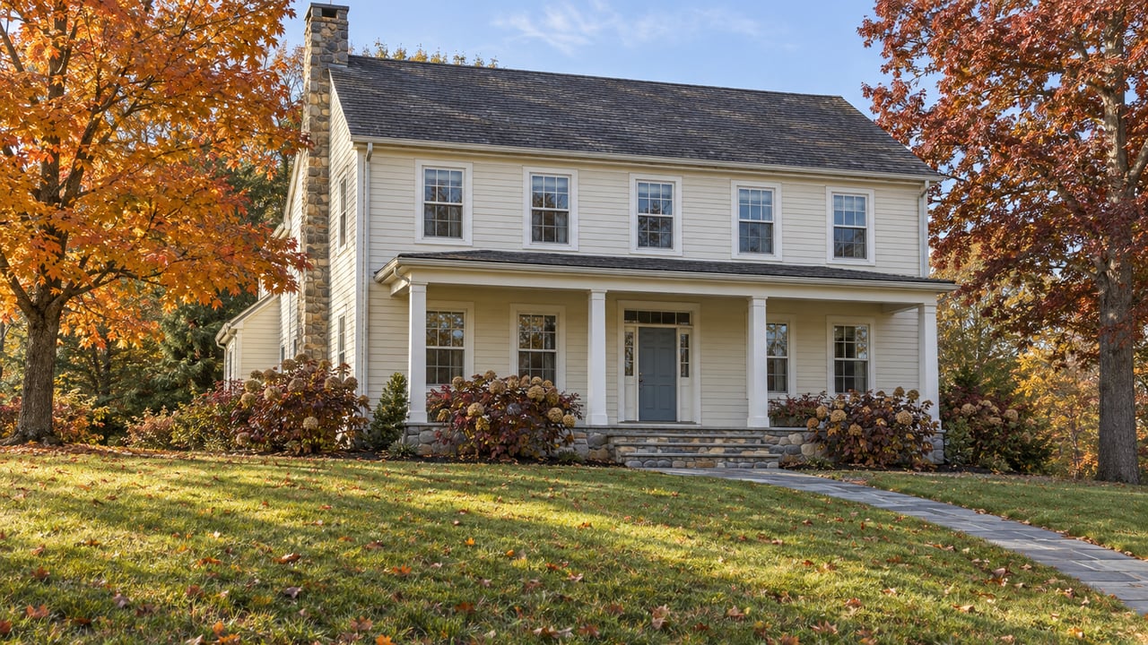 Ivory clapboard house with a covered porch, stone chimney and deep autumn lawn framed by orange maple and russet oak foliage.