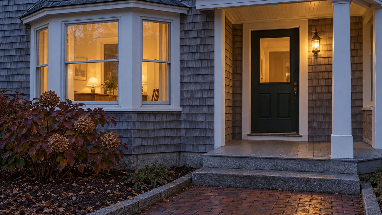 Gray cedar-shingled home with warmly lit bay windows, a recessed green entry door, granite steps and burgundy oakleaf hydrangea at dusk.