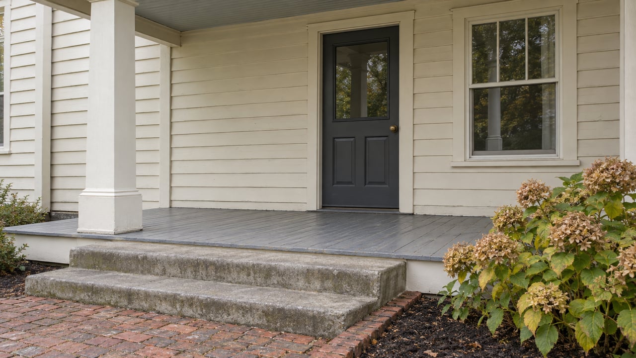 Cream-sided home's covered porch with a charcoal entry door, double-hung window, weathered concrete steps and hydrangeas beside a brick walk.