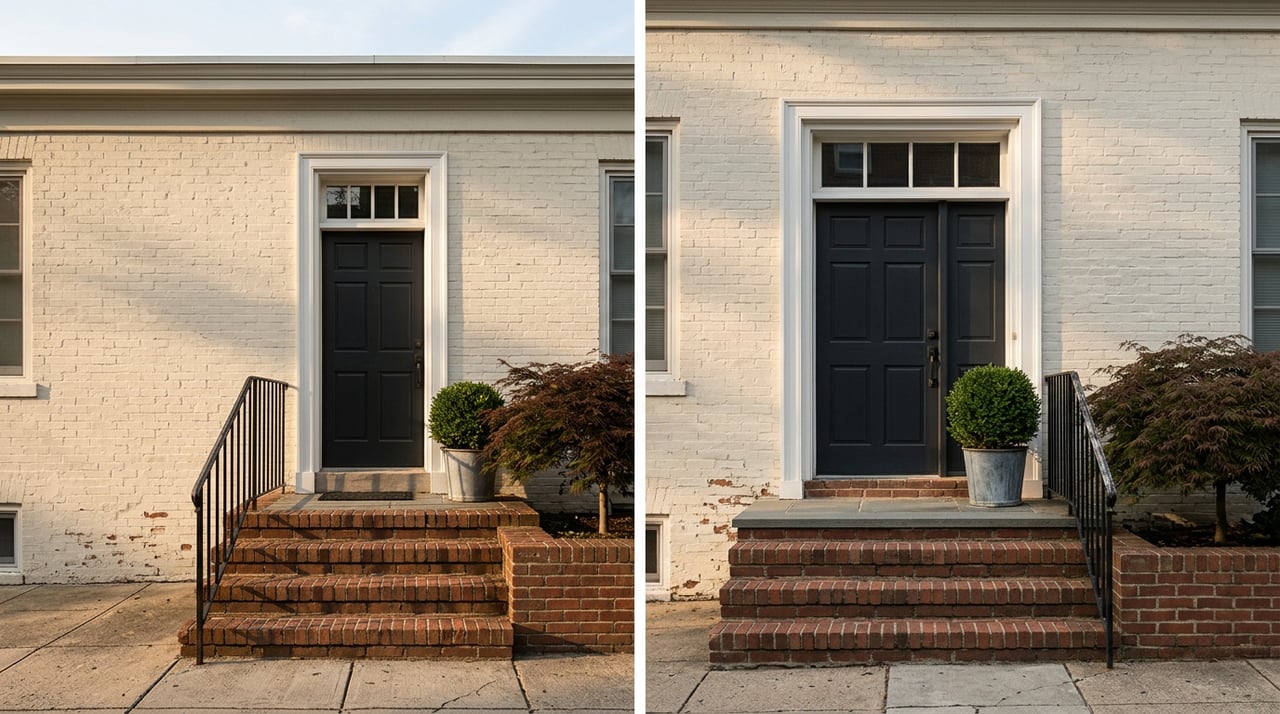 Urban rowhouse entry with a black paneled door, iron railing, brick steps, and potted shrubs.