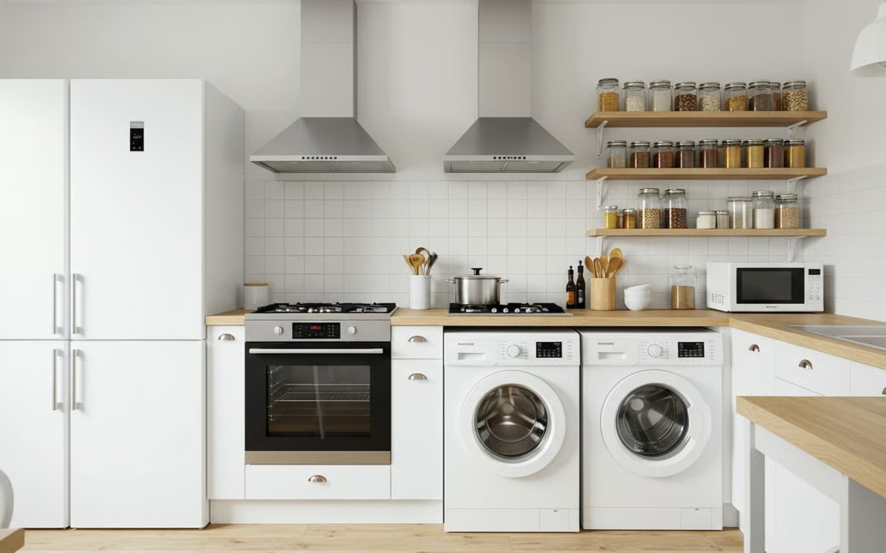 White kitchen with a large refrigerator, gas range, and two front-loading laundry machines.
