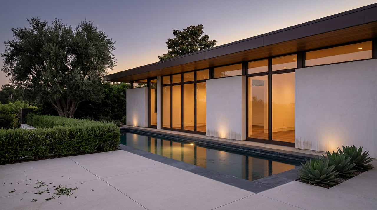 Modern hillside home glowing through floor-to-ceiling windows above a reflecting pool, framed by an olive tree.