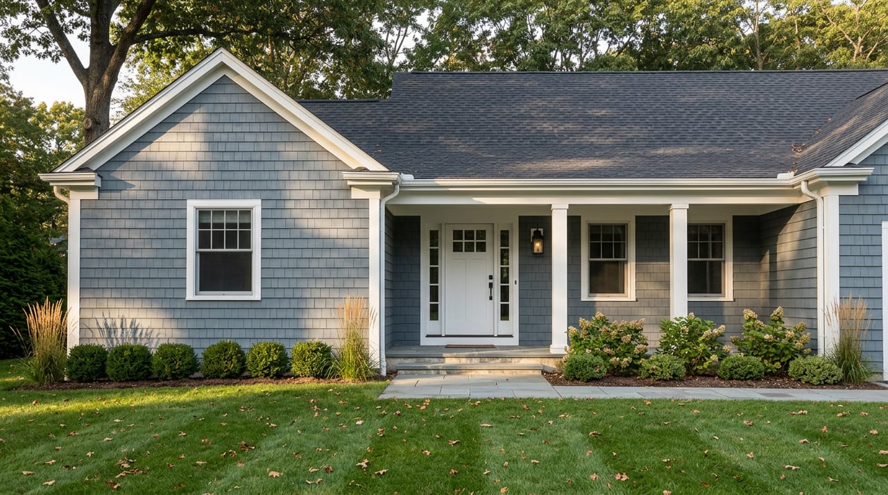 Blue-gray shingle home with a white-columned porch, gabled window, and sunlit lawn beneath leafy canopy.