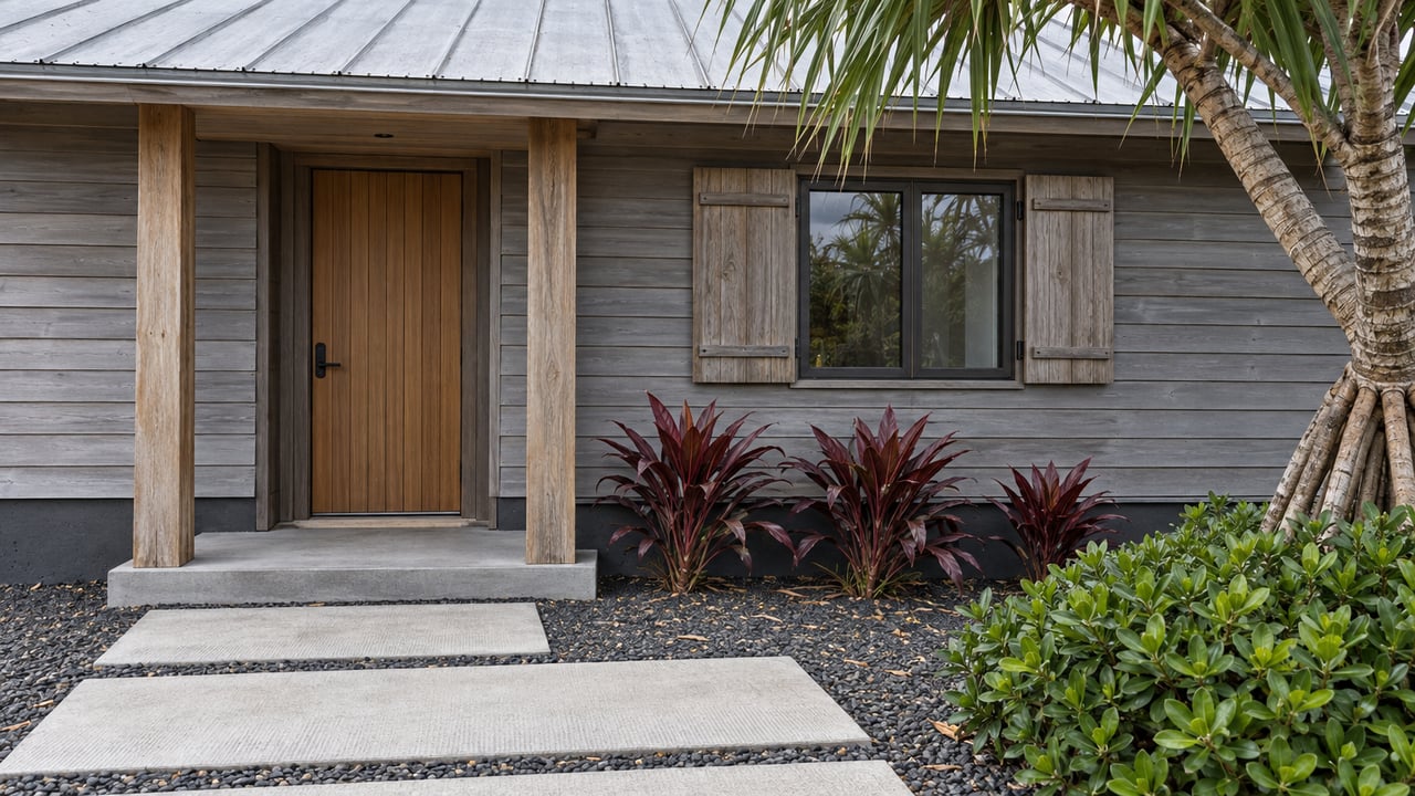 Weathered timber cottage with covered teak-door entry, shuttered window, concrete pads, and tropical planting.