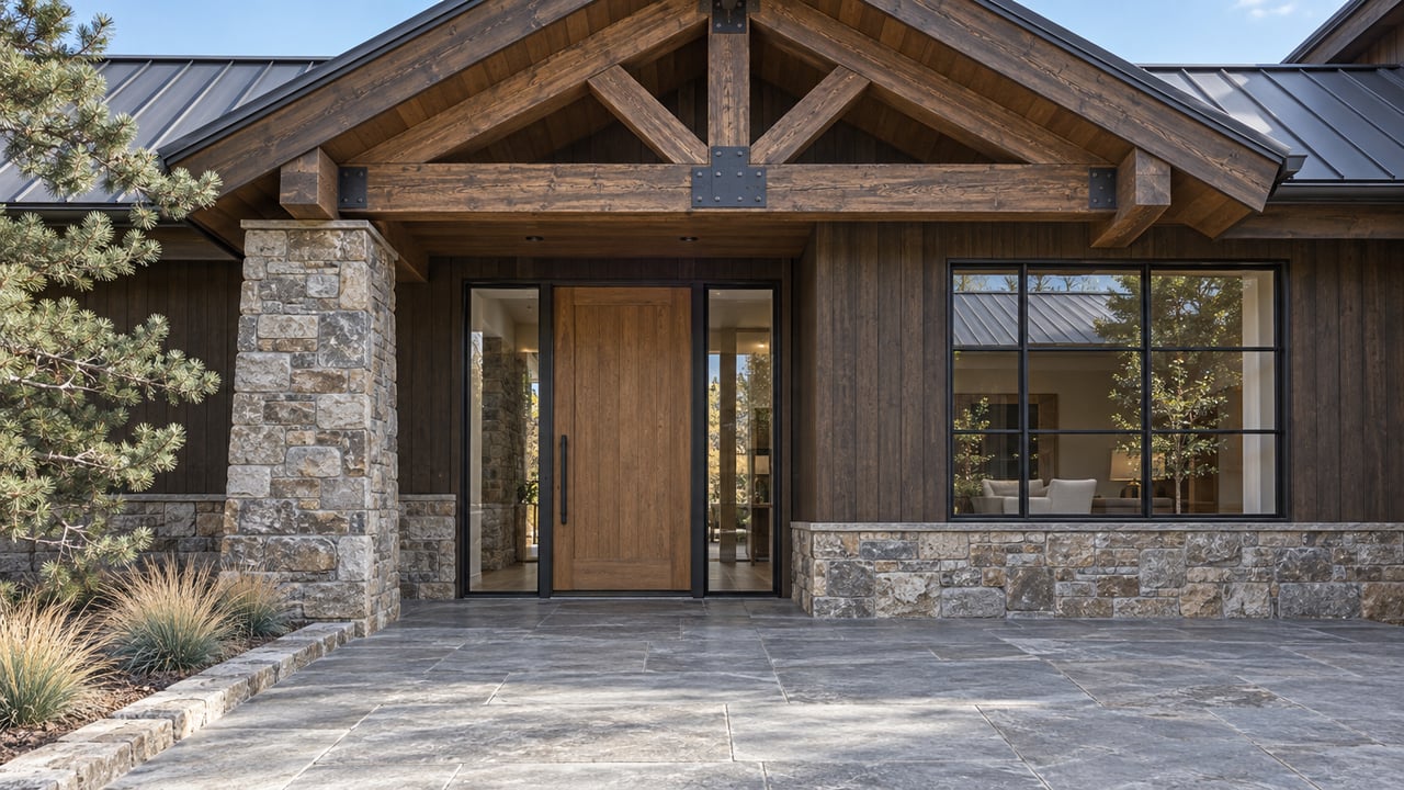 Timber-gabled home entrance with ledgestone walls, oak door, dark gridded glazing and a quartzite landing beside autumn grasses.