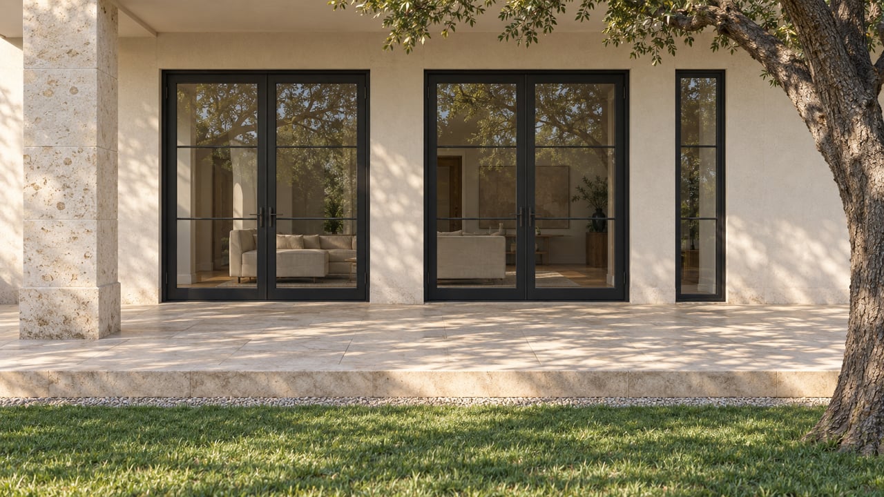 Low view of a limestone terrace with black-framed glass doors, pale stucco and a mature oak beside a broad lawn.
