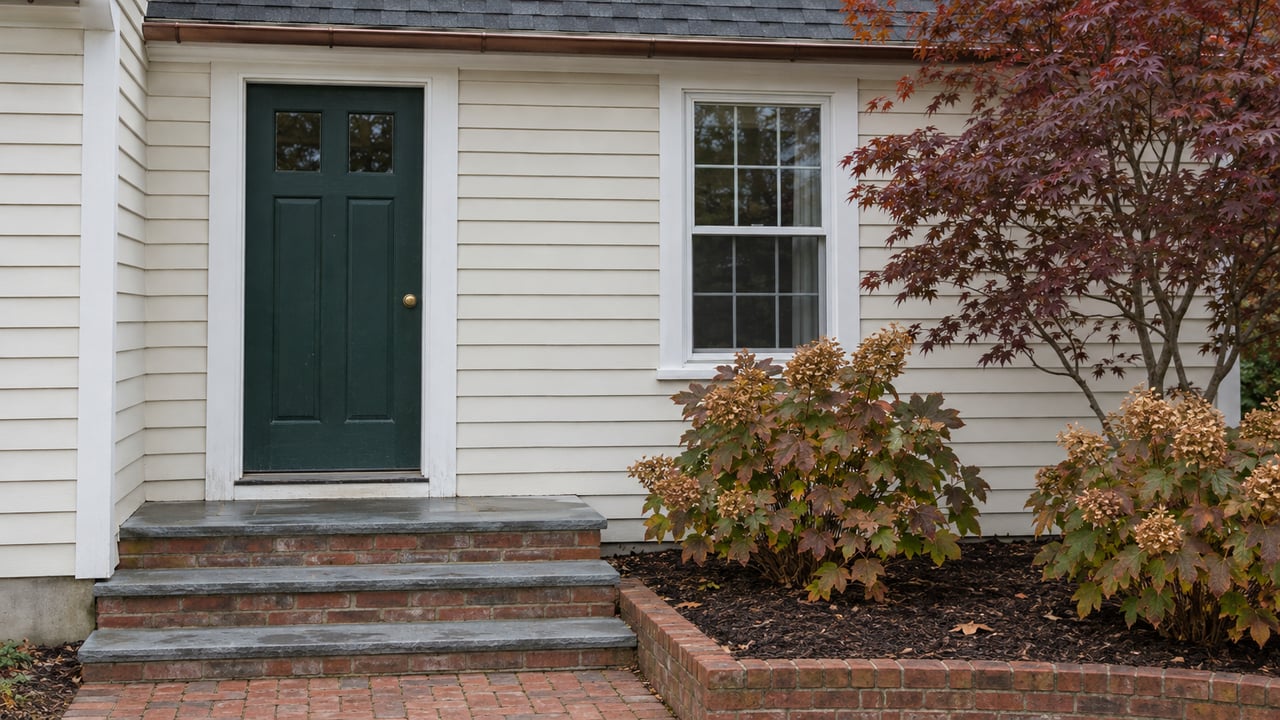 An ivory clapboard home with a deep-green front door, brick steps, and burgundy autumn planting.