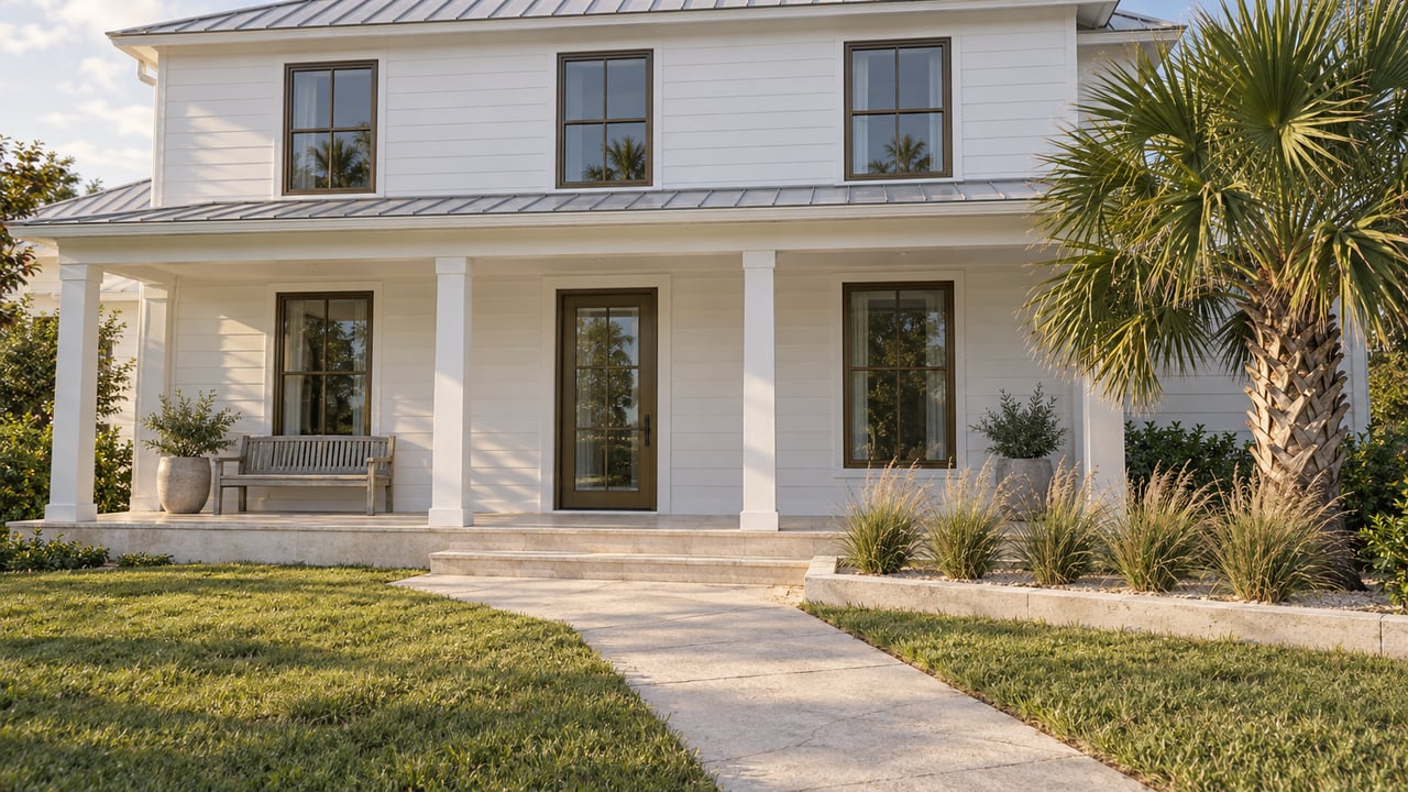 White-sided coastal house with bronze-framed windows, a limestone porch, a deep green front lawn and one curved palm beside a sand planting bed.