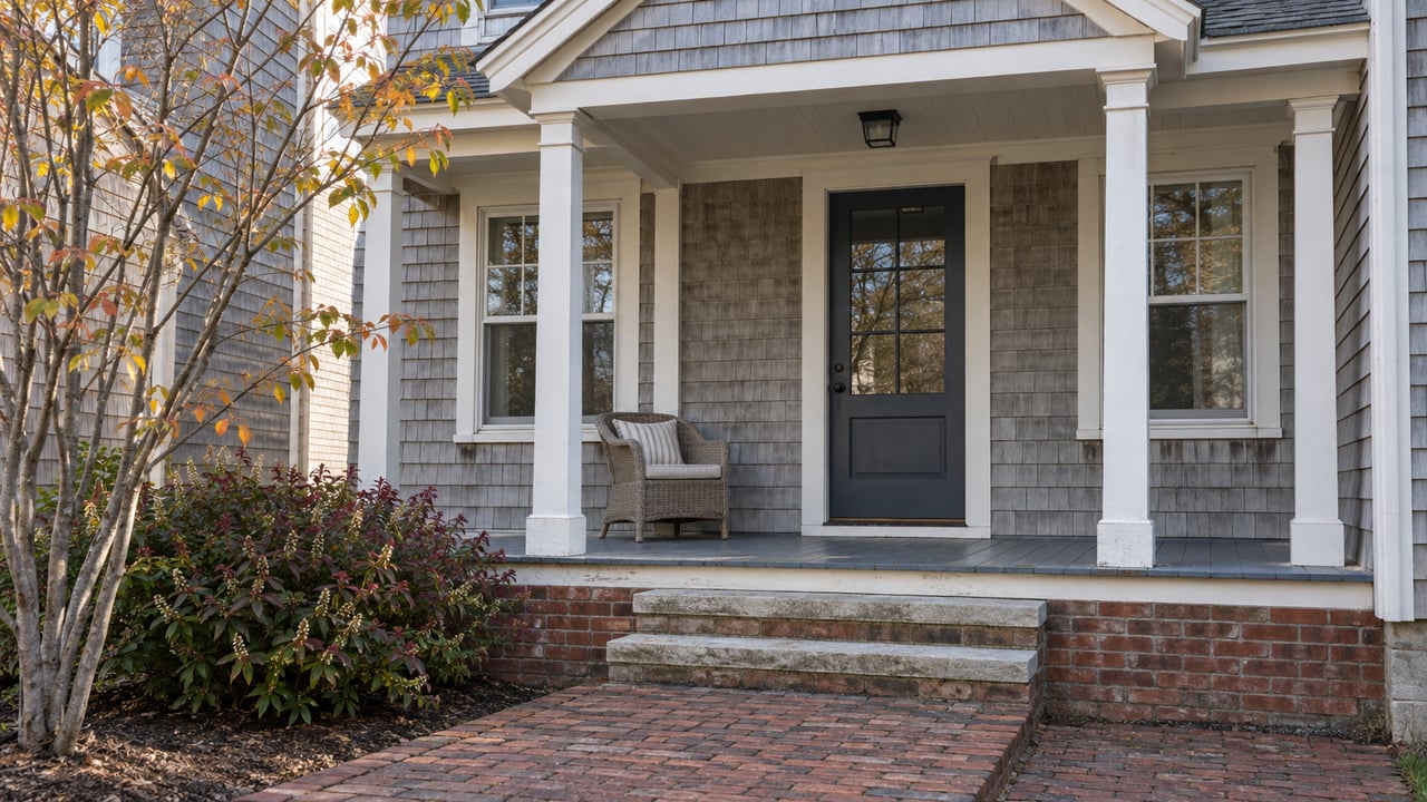 Gray-shingled house with a slate-blue glazed door, brick approach, and sparse autumn planting.