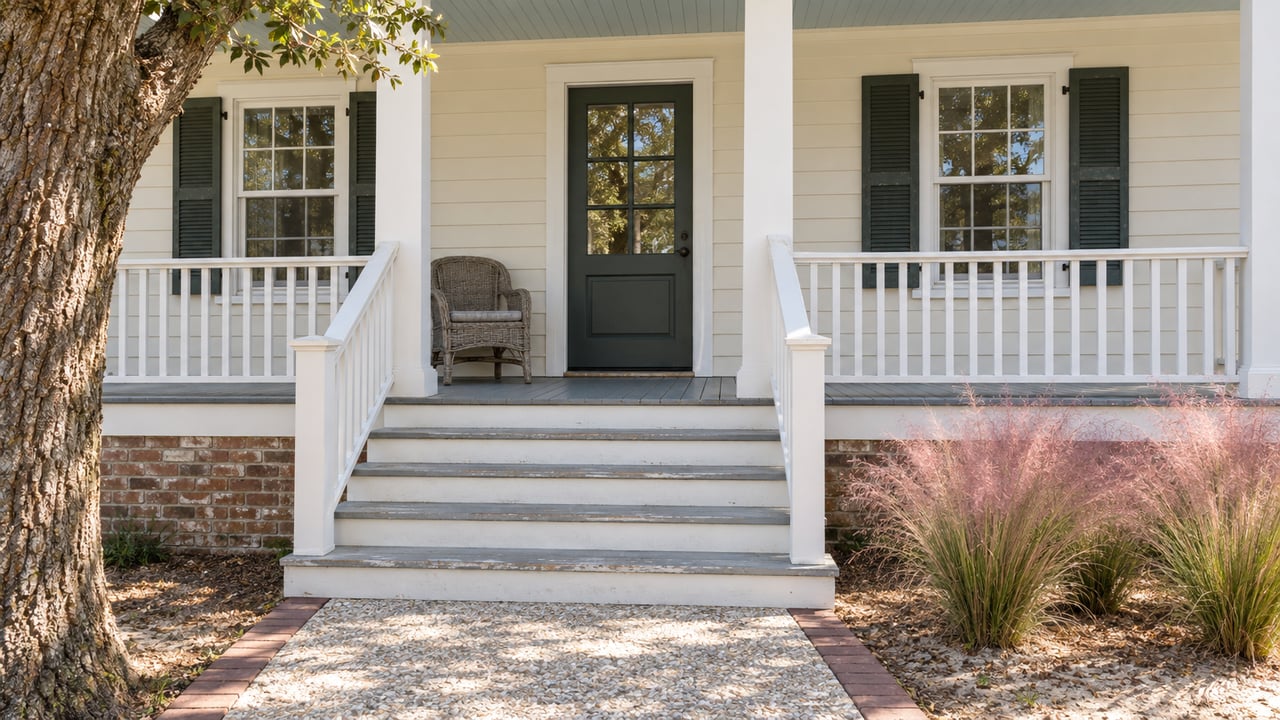 Cream clapboard house with a sheltered veranda, paired white columns, worn gray steps, green shutters and pink muhly grass beside a brick-edged approach.