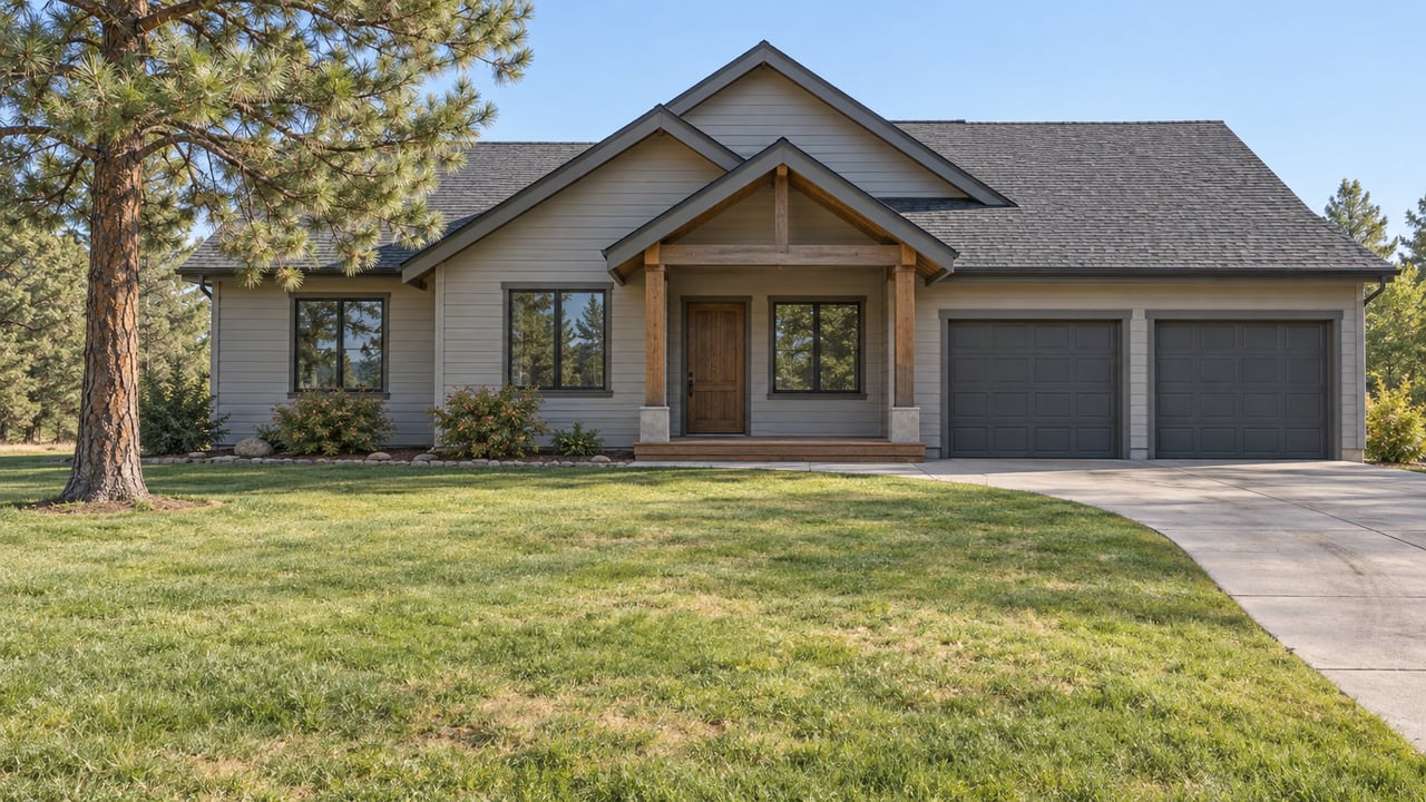 A light-gray gabled home with a covered timber porch, broad lawn, curved concrete approach and a mature ponderosa pine.