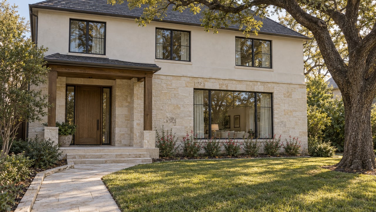 Limestone and white-plaster home behind a deep lawn, with a mature live oak and a stone walk leading to a recessed timber entry.