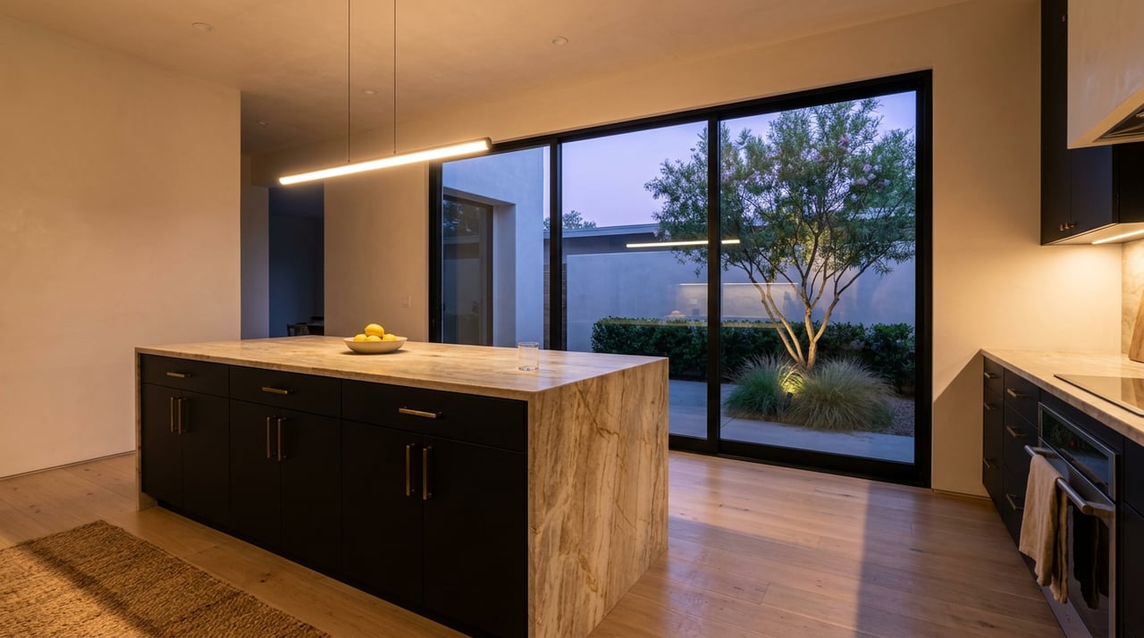Quartzite kitchen island with a bowl of lemons faces black-framed glass doors overlooking a lit desert willow.